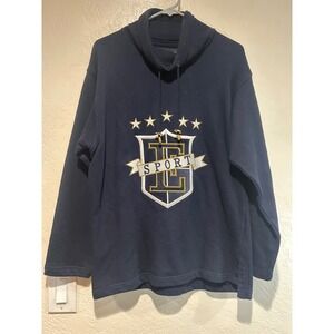 ESCADA SPORT Navy Blue Embroidered Shield Logo Cowl Neck Sweatshirt Women's M